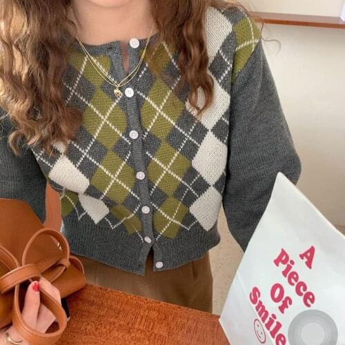 Korean Retro Argyle Printed Long Sleeve Knitted Cardigan Women Spring Chic Sweater Casual Female Short Sweater Coat