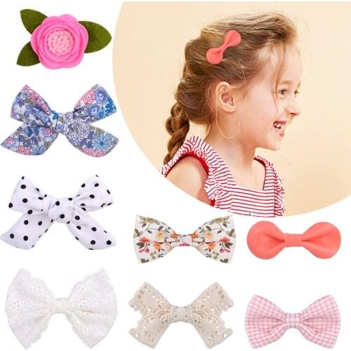 Lovely Flower Hair Bows With Clip For Baby Girls Plaid Dot Print Hair Clip Cotton Hairpins Barrettes Headwear Hair Accessories