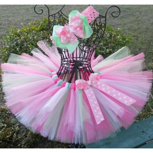 Lovely Girls Tutu Skirts Infant Baby 100% Handmade Fluffy Ballet Tutus Tulle Pettiskirts with Dots Bow and Hairbow Kids Clothing