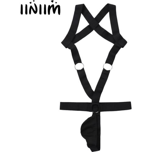 Men Exotic Lingerie O Ring Connected Elastic Band Body Shoulder Chest Harness Belt Hollow Out Bulge Pouch One-piece Bodysuit