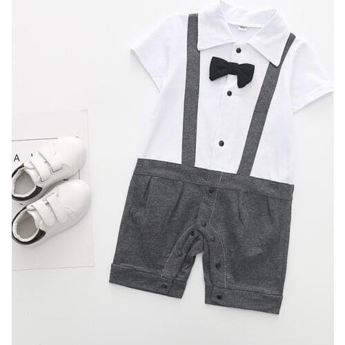 Gentle Bow Tie Short Sleeved Baby Boy Rompers Classical Plaid Children Overall Jumpsuit Toddlers Little Men Baby Formal Suit