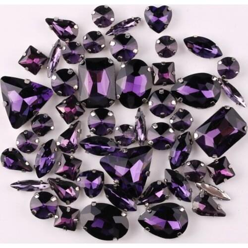 Silver claw setting 50pcs/bag shapes mix Amethyst glass crystal sew on rhinestone wedding dress shoes bag diy trim