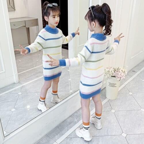 Toddler Girl Auutmn Dress 2020 Winter Sweater Clothes Striped Long Sleeve Warm Baby Girls Knitted Dresses Girls Vestidos W895