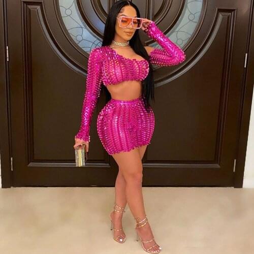 Sexy Night Party Two Piece Set Women Mini Skirts Suits Sparkly Hollow Out Club Birthday Outfits 2 Piece Dress Sets Matching Sets
