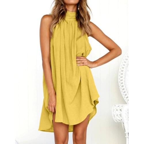 Dress Women Sexy Cotton and linen vest dress O-Neck Sleeveless Hem Knee-Length Strap Dress Slim Summer Party Dresses Women Hot