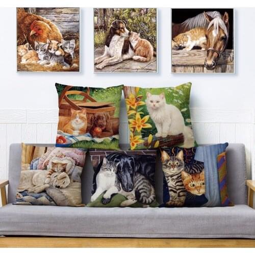 Cute Watercolor Animal Cat Dog Print Pillow Cover 45*45cm Textile Cushion Covers Linen Pillow Case Sofa Home Decor Pillows Cases