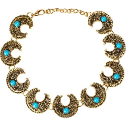 Light Yellow Gold Color Stackable Crescent Moon Pendant Choker Necklace Green Turquoises Stone Jewelry