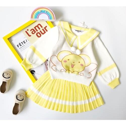 Tonytaobaby Autumn Winter Dress New Baby Girls Childrens Wear Cartoon Pattern College Suit Girl Knitted Set