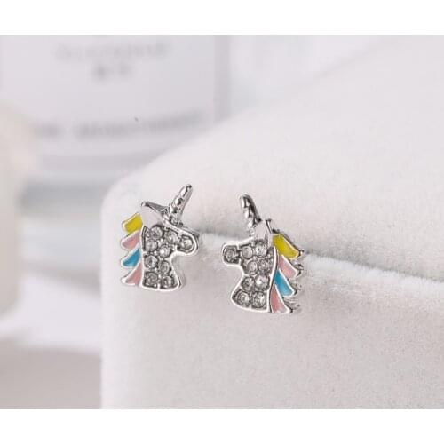 Unique Charming Crystal Unicorn Stud Earrings For Women Cute Simple Female Jewelry Gift Animal Small Earrings Girls kids