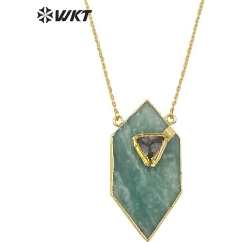 WT-N1067 WKT Wholesale Amazing Natural Green Stone Jewelry Hexagon Shape For Lady Decorate Pendant Necklace