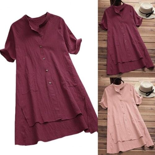 Short Sleeve Casual Shirt Asymmetric Hem All-matched Stand Collar Side Split Women Blouse Streetwear