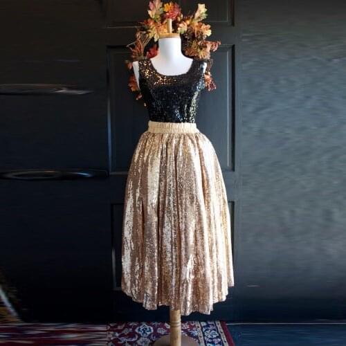 Womens Midi Gold Sequins Skirt Glitter Elastic Waist Mid Calf Sequined Female Skirt A Line Adult Skirt Real Photo Custom Made