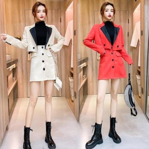 Women 2021 Spring Autumn Fashion 3Pcs Set Female Solid Short Jacket and Camisole Tops + Mini Skirt Casual Three-piece Suit C348