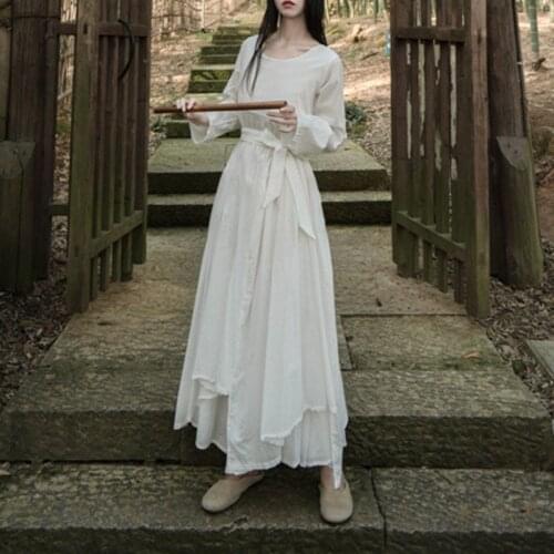 Johnature 2020 Spring New Solid Color O-neck Long Sleeve Plus Size Dress Cotton Linen Loose Comfortable Women Irregular Dresses