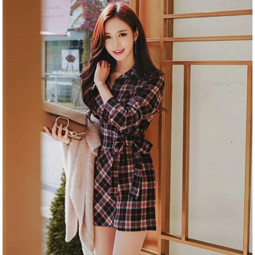 Ladies Fashion Plaid Dress Women Autumn Long Sleeve Bowknot Slim Temperament Casual Lapel Plaid Bag Hip Dress New Arrivals Q222