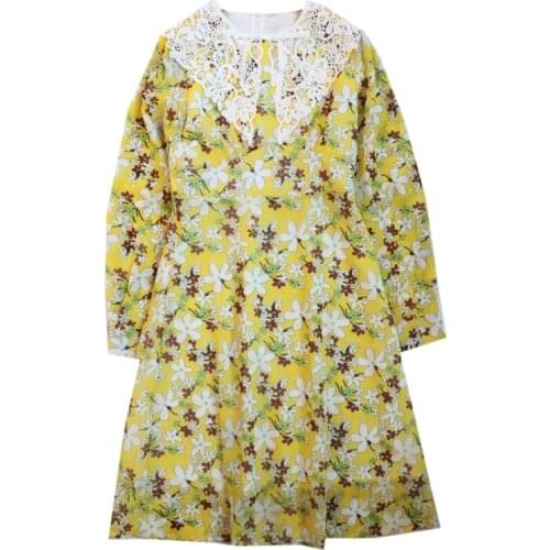 Elegant Designer Runway Dress Women Spring Summer Vintage O-neck Long Sleeve Pleated Printed Midi Dresses Vestidos