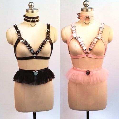 100% Handcrafted Harauku Kawaii Caged Bra Top Chest Harness Bondage Belt Faux Leather Choker Ruffle Waist Belt Tutu Skirt Belt