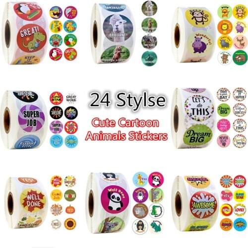 24 Styles 500pcs/roll 1Inch Cute Cartoon Animals Stickers Journal Scrapbooking Teacher Encouragement Reward Sticker for Children