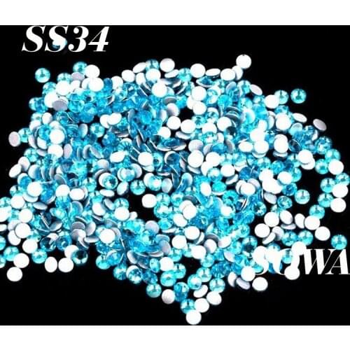 Free Shipping 144pcs/Lot SS34 (7.2mm-7.4mm) Aquamarine Flat Back Glue on ( Nail Art ) Non Hot Fix
