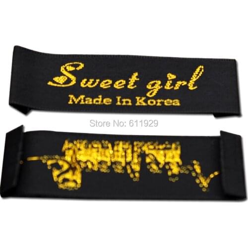 Custom garment black satin woven labels with golden fonts/trademark/clothing embroidered tags/printed labels/brand Free Shipping