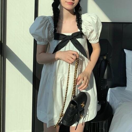Elegant Princess White Dress Women Bow Loose Puff Sleeve Fairy Mini Dress 2021 Summer Sweet Korean One-piece Dress Party Holiday