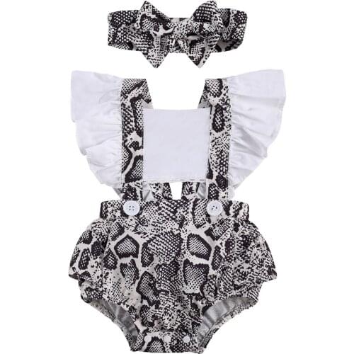 Toddler Girls Romper, Baby Headband, Fly Sleeve Patchwork Hollow Crotch Buttons Snakeskin Printed 2-Piece Clothes Summer