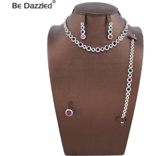 Bedazzled Fashion Bridal Luxury Mixed Colors Cubic Zirconia Brass Rhodium Jewelry Necklace Earrings Set For Women Party
