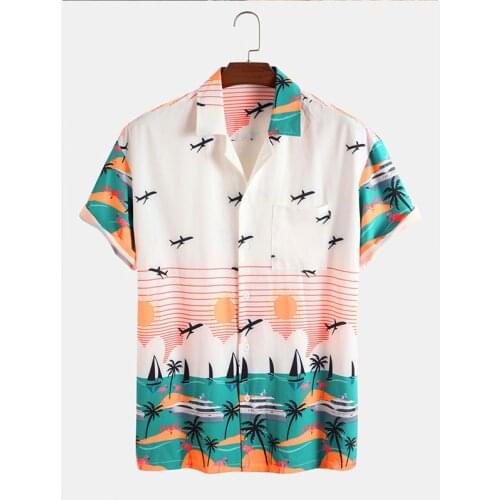 Mens Hawaii Beach Printed Short Sleeve Shirt Summer Fashion Casual Cartoon Airplane Beach Coconut Printed Holiday Shirt Top