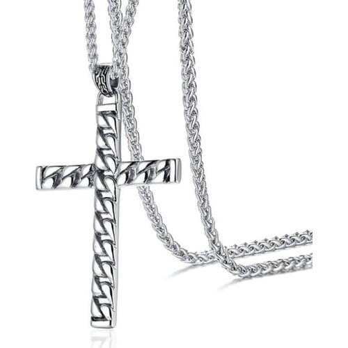 Stainless Steel Vintage Silver Color Christ Cross Jesus Pendant Necklace Punk Rock Mens Jewelry Gift For Him with Chain