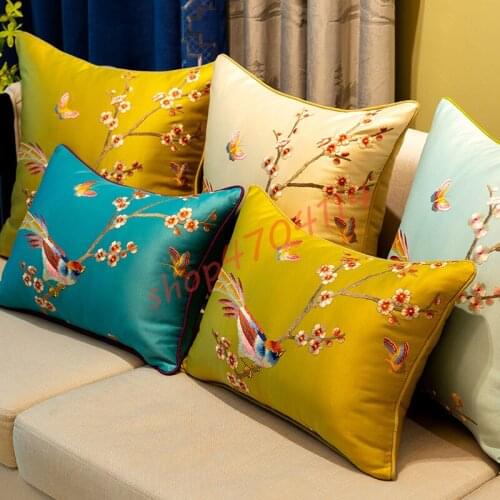 New Chinese style, embroidery, oriole butterfly flower pillow, back cushion, cushion , exquisite Household Art