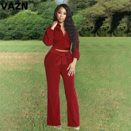 VAZN 2020 Top Quality Office Sweet Solid Young Full Sleeve Cloth Top High Waist Wide Leg Long Pants Slim Women 2 Piece Set