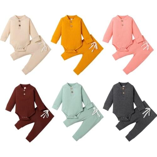 Citgeett Autumn Solid 0-24M Newborn Baby Girls Boys Ribbed Clothes Sets Long Sleeve Bodysuits + Elastic Pants Outfits Spring Set