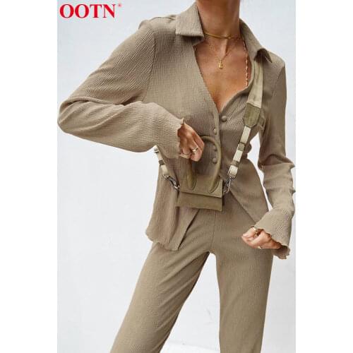 OOTN Turn-Down Collar Sexy Deep V Long Sleeve Button Pant Suits Ladies Elastic Waist Slit Khaki Set Woman 2 Pieces High Street