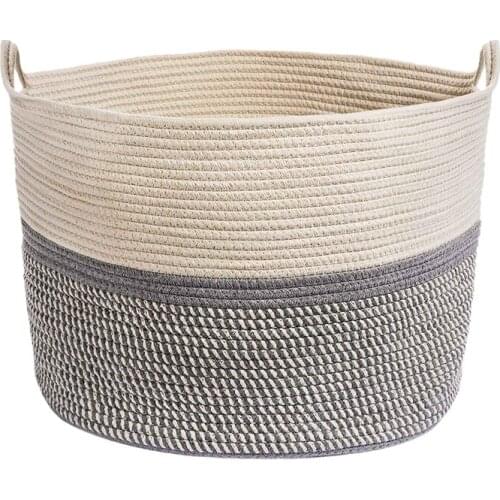 SHGO HOT-Large Blanket Basket Corn Skin Woven Cotton Rope Storage Basket Laundry Basket with Handle Toy Organizer