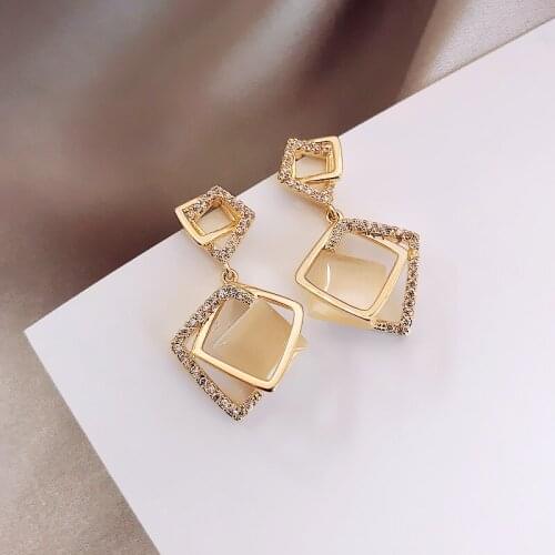 TIMEONLY Elegant Shinning Opal Geometric Hanging Earrings for Women Gold Color Alloy Rhinestones Layed Square Dangle Earrings