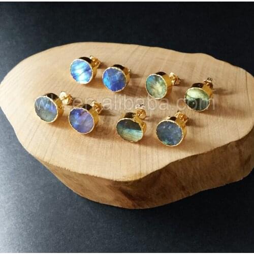 WT-E151 Lovely hot sale sparkly natural labradorite round stud stone with gold dipped multi color stone fashion earrings
