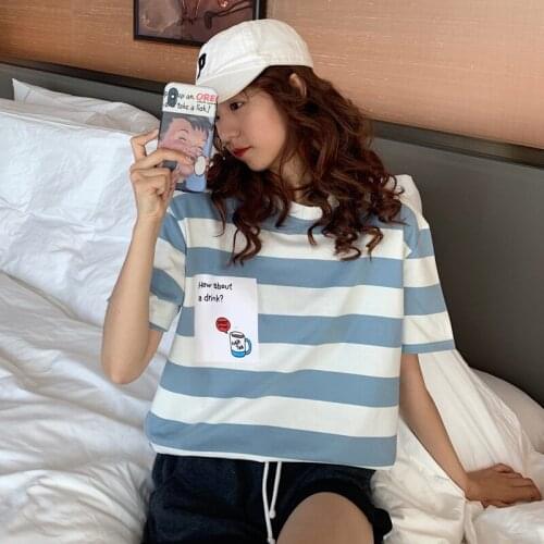 Female Korean Harajuku Loose Ins Striped Print T-shirt Womens T-shirts Tops Japanese Kawaii Ladies Ulzzang Clothes For Women