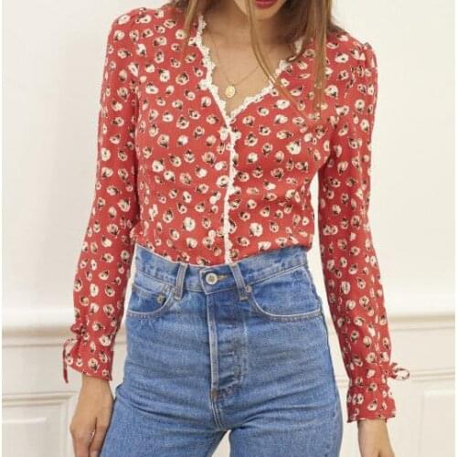 Women Shirt 2020 New Retro Lace Edge V-Neck Pastoral Floral Print Front Buttoned Top Shirt Women