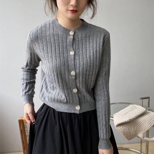 Spring and Autumn Womens Casual Solid Color Round Neck Long Sleeve Cardigan Sweater