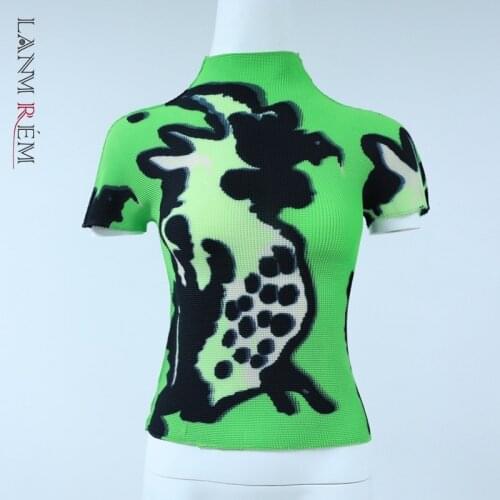 LANMREM Pleated top for women 2021 summer new printed half high collar elastic fabric short sleeve t-shirt famale fashion YJ783