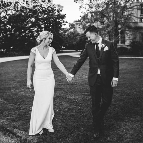 Beaded Cap Sleeves Wedding Dresses Sexy V-neck Full Length Satin Bridal Dresses Mermaid Style Backless Wedding Gowns Cheapest