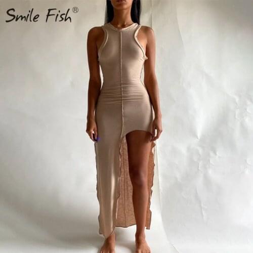 2021 Sleeveless Patchwork Skinny Maxi Dress Summer Women Fashion Streetwear Casual Outfits Lady Split Khaki Robe Mujer G2815
