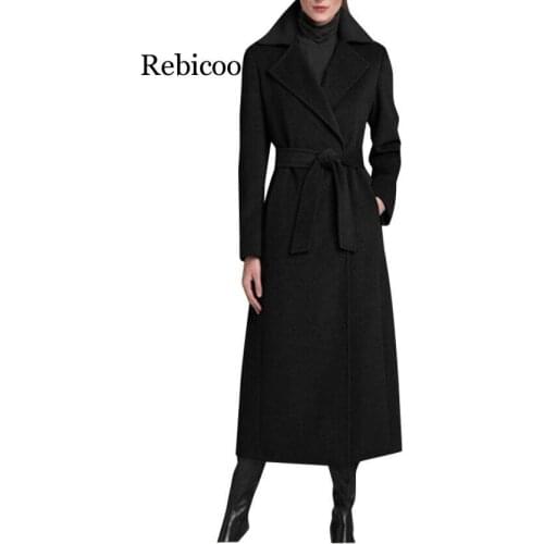 Vintage Wool Blends Women Coats Office Lady Adjustable Waist Belts Autumn Winter Windbreak Warms Casual Loose Size S M L