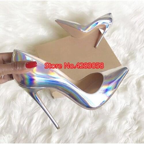Free shipping fashion Casual Designer women pumps silver patent leather pointy toe heels stiletto heel women shoes 12cm 10cm 8cm