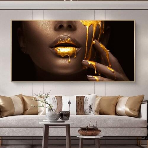 Large African Woman Face Canvas Art Posters And Prints Golden Sexy Lips Canvas Paintings On the Wall Art Picture For Living Room