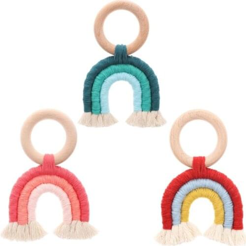 Rainbow Tassel Macrame Wooden Boho Baby Teether Cotton Cord Wood Teething Toy Shower Gift
