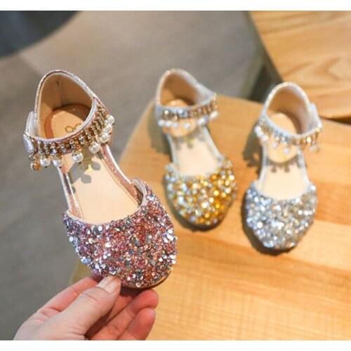 Summer Girls Shoes Bead Sequin Flats Fling Princess Shoes Baby Dance Shoes Kids Sandals Children Wedding Shoes Gold