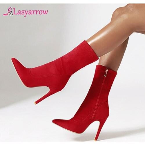 Lasyarrow New Boots Women Autumn Winter Ankle Boots elastic force Suede Boots Fashion high heels Pointed Toe Shoes Women boots