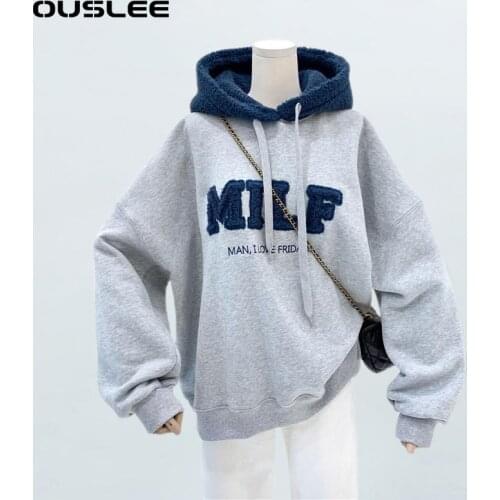 OUSLEE 2021 Fashion Sweatshirt Women Oversize Winter Casual Loose Cotton Patchwork Letters Long Sleeve Hoodies Female Streetwear