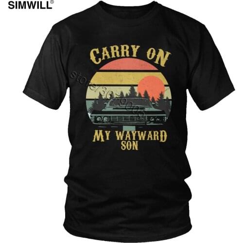 Mens Vintage Supernatural T Shirt Carry On My Wayward Son T-Shirt Short Sleeved Cotton Casual Car Tees Movie Fan Gift Clothes